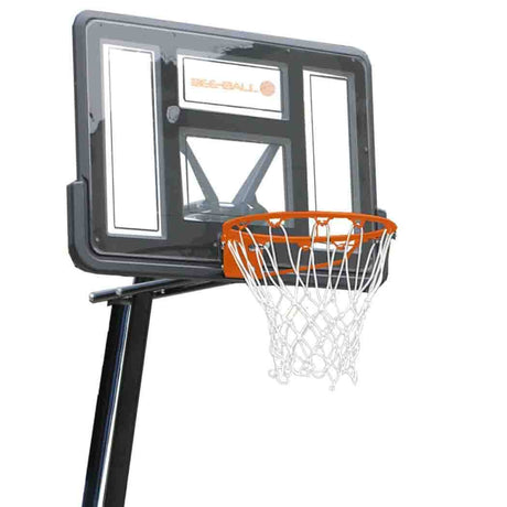 Bee Ball full-size basketball hoop with sturdy stand, orange details.